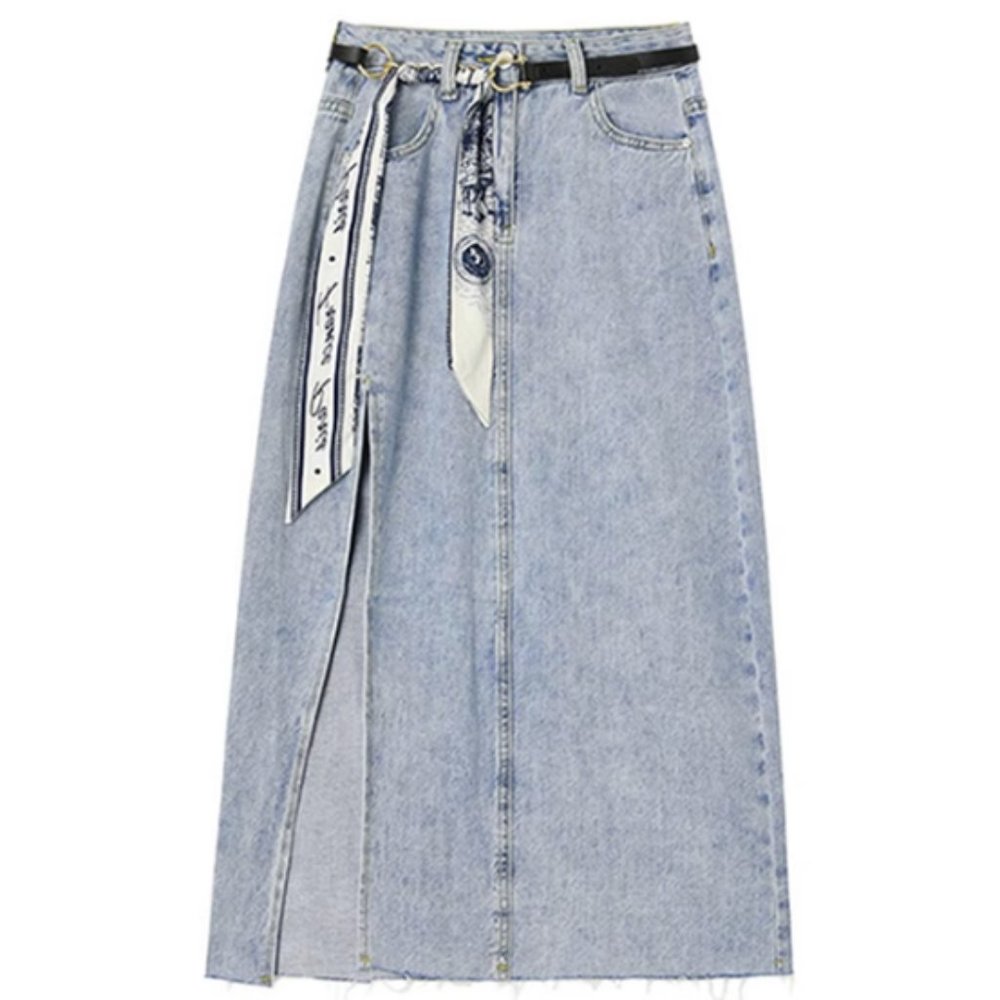 Midi denim skirt with slit and scarf belt
